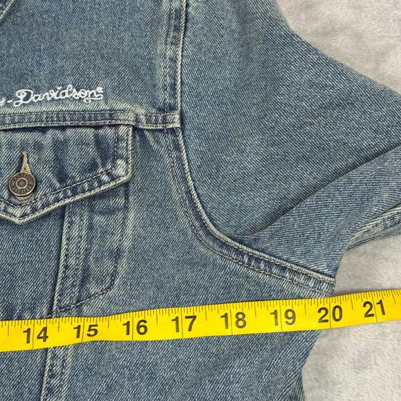 Harley Davidson Motor Clothes Denim Jacket Women's Large Blue Embroidered Patch - Picture 10 of 11
